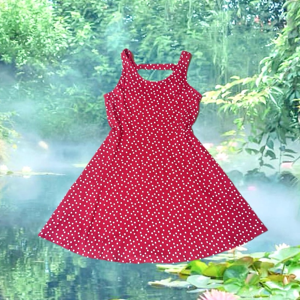 Red Polka Dot Skater midi 100% cotton dress - Picture 1 of 3